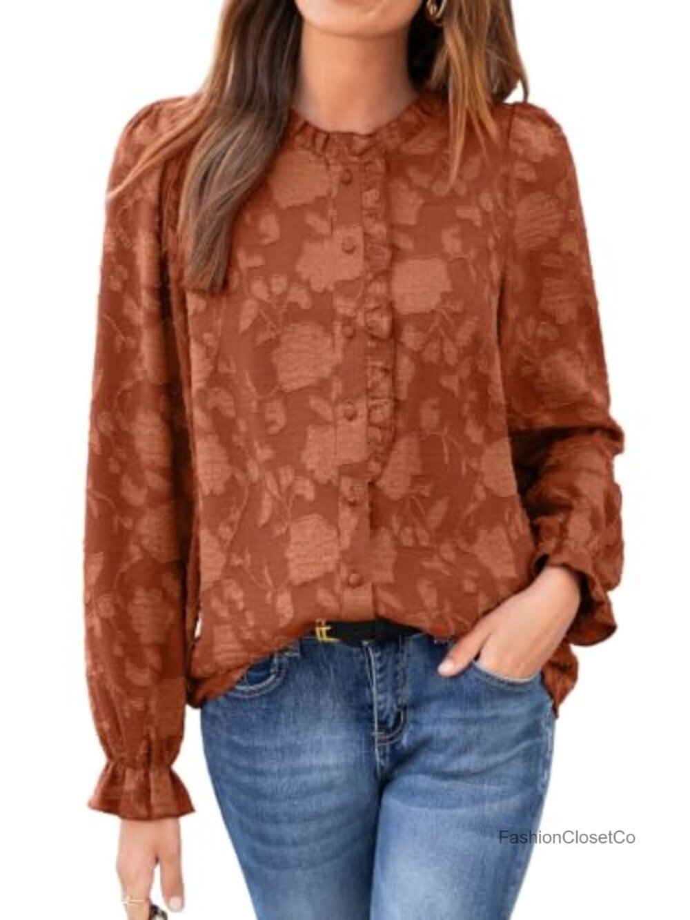 Womens Boho Floral Textured Button Down Blouse Long Puff Sleeve Ruffle